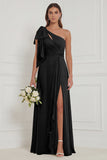 One Shoulder Floral Dusty Sage Bridesmaid Dress with Slit