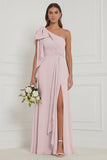 One Shoulder Floral Dusty Sage Bridesmaid Dress with Slit