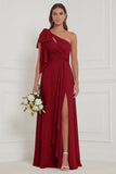 One Shoulder Floral Dusty Sage Bridesmaid Dress with Slit