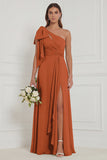 One Shoulder Floral Dusty Sage Bridesmaid Dress with Slit