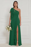 One Shoulder Floral Dusty Sage Bridesmaid Dress with Slit