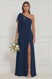One Shoulder Floral Dusty Sage Bridesmaid Dress with Slit