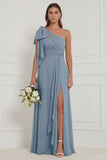 One Shoulder Floral Dusty Sage Bridesmaid Dress with Slit