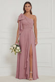 One Shoulder Floral Dusty Sage Bridesmaid Dress with Slit