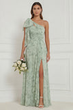 One Shoulder Floral Dusty Sage Bridesmaid Dress with Slit