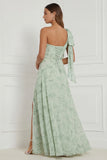 One Shoulder Floral Dusty Sage Bridesmaid Dress with Slit