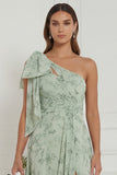 One Shoulder Floral Dusty Sage Bridesmaid Dress with Slit