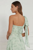 One Shoulder Floral Dusty Sage Bridesmaid Dress with Slit