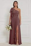 One Shoulder Floral Dusty Sage Bridesmaid Dress with Slit