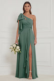 One Shoulder Floral Dusty Sage Bridesmaid Dress with Slit