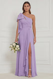 One Shoulder Floral Dusty Sage Bridesmaid Dress with Slit