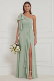 One Shoulder Floral Dusty Sage Bridesmaid Dress with Slit
