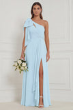 One Shoulder Floral Dusty Sage Bridesmaid Dress with Slit