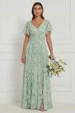 Floral V-Neck Ruffled Dusty Sage Bridesmaid Dress with Slit