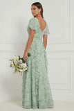 Floral V-Neck Ruffled Dusty Sage Bridesmaid Dress with Slit