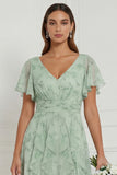 Floral V-Neck Ruffled Dusty Sage Bridesmaid Dress with Slit