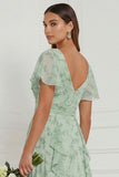 Floral V-Neck Ruffled Dusty Sage Bridesmaid Dress with Slit