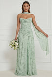 Dusty Sage Floral A Line Bridesmaid Dress with Scarf