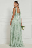 Dusty Sage Floral A Line Bridesmaid Dress with Scarf