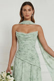 Dusty Sage Floral A Line Bridesmaid Dress with Scarf
