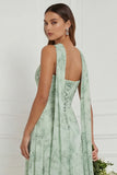 Dusty Sage Floral A Line Bridesmaid Dress with Scarf