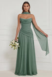 Dusty Sage Floral A Line Bridesmaid Dress with Scarf