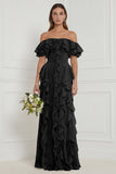Off the Shoulder Dusty Sage Floral Ruffled Long Bridesmaid Dress