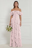 Off the Shoulder Dusty Sage Floral Ruffled Long Bridesmaid Dress