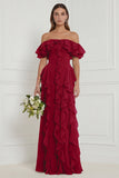Off the Shoulder Dusty Sage Floral Ruffled Long Bridesmaid Dress
