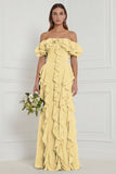 Off the Shoulder Dusty Sage Floral Ruffled Long Bridesmaid Dress