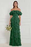 Off the Shoulder Dusty Sage Floral Ruffled Long Bridesmaid Dress