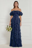 Off the Shoulder Dusty Sage Floral Ruffled Long Bridesmaid Dress