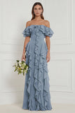 Off the Shoulder Dusty Sage Floral Ruffled Long Bridesmaid Dress