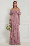 Off the Shoulder Dusty Sage Floral Ruffled Long Bridesmaid Dress