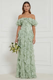 Off the Shoulder Dusty Sage Floral Ruffled Long Bridesmaid Dress