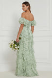 Off the Shoulder Dusty Sage Floral Ruffled Long Bridesmaid Dress