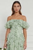 Off the Shoulder Dusty Sage Floral Ruffled Long Bridesmaid Dress