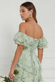 Off the Shoulder Dusty Sage Floral Ruffled Long Bridesmaid Dress
