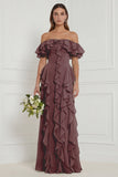 Off the Shoulder Dusty Sage Floral Ruffled Long Bridesmaid Dress