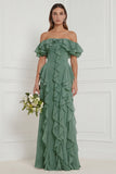 Off the Shoulder Dusty Sage Floral Ruffled Long Bridesmaid Dress