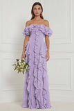 Off the Shoulder Dusty Sage Floral Ruffled Long Bridesmaid Dress