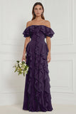 Off the Shoulder Dusty Sage Floral Ruffled Long Bridesmaid Dress