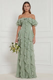 Off the Shoulder Dusty Sage Floral Ruffled Long Bridesmaid Dress