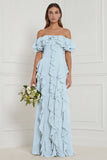Off the Shoulder Dusty Sage Floral Ruffled Long Bridesmaid Dress