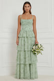 A Line Tiered Floral Dusty Sage Bridesmaid Dress