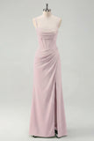 Sage Spaghetti Straps Sheath Bridesmaid Dress with Slit