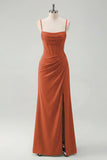 Sage Spaghetti Straps Sheath Bridesmaid Dress with Slit