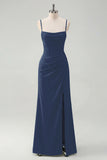 Sage Spaghetti Straps Sheath Bridesmaid Dress with Slit