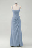 Sage Spaghetti Straps Sheath Bridesmaid Dress with Slit
