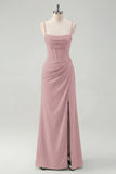 Sage Spaghetti Straps Sheath Bridesmaid Dress with Slit